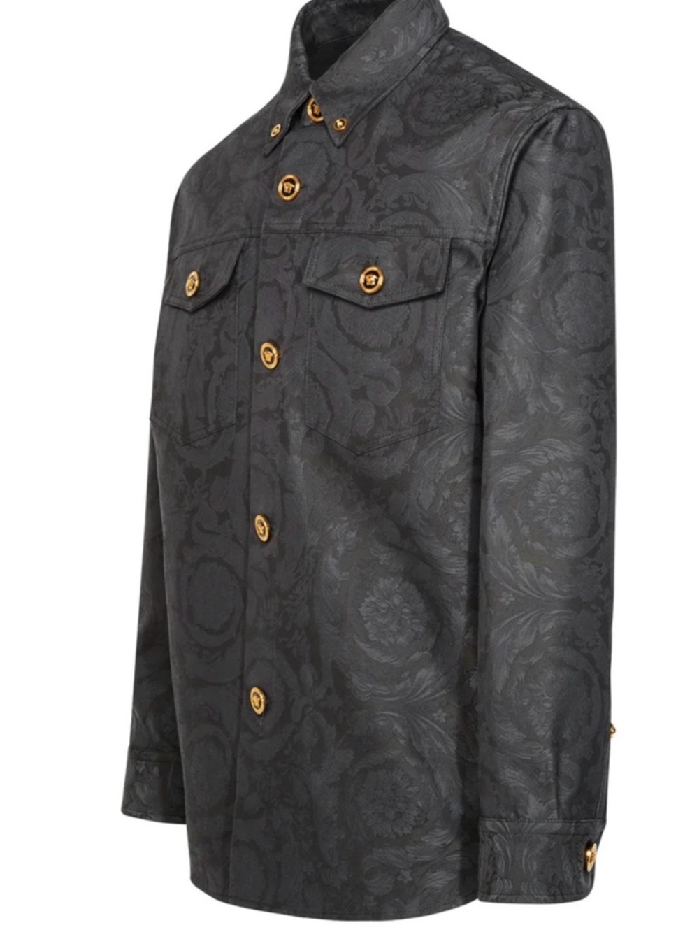 Versace Dark Gray Jacquard Shirt Jacket with Gold Buttons